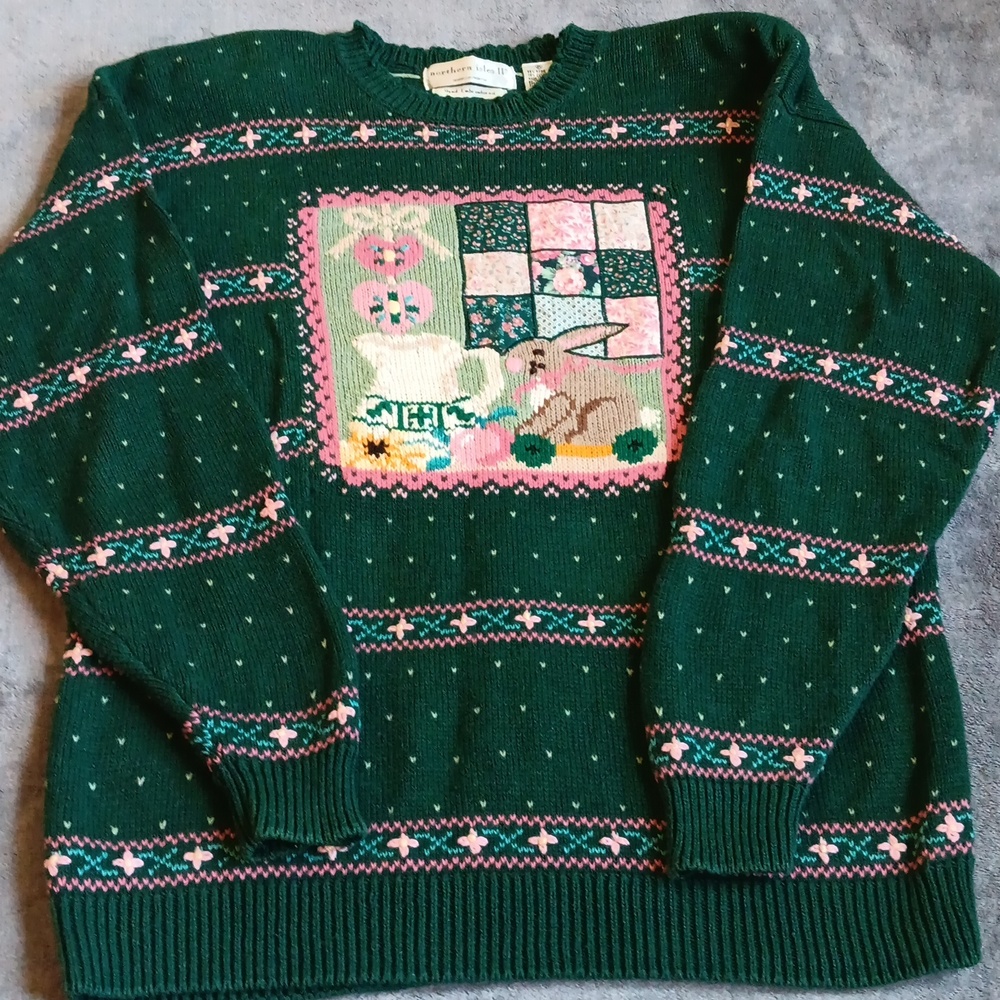 Northern Isles II Hand Embroidered Vintage Bunny Cottage Sweater Green Fall Knit - Picture 2 of 10